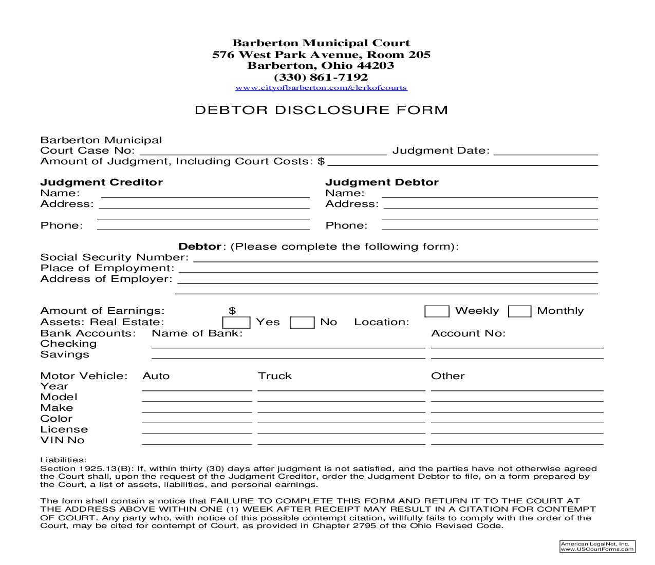 Debtor Disclosure Form | Pdf Fpdf Doc Docx | Ohio