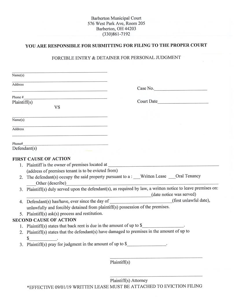 Forcible Entry And Detainer For Personal Judgment | Pdf Fpdf Doc Docx | Ohio