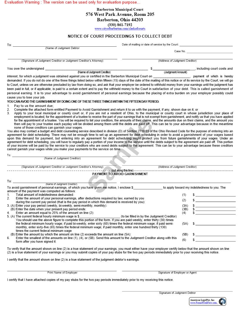 Notice Of Court Proceedings To Collect Debt | Pdf Fpdf Doc Docx | Ohio
