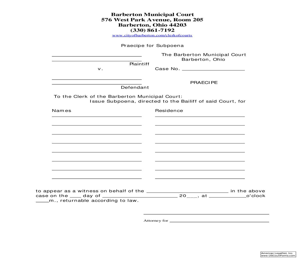 Praecipe For Subpoena | Pdf Fpdf Doc Docx | Ohio