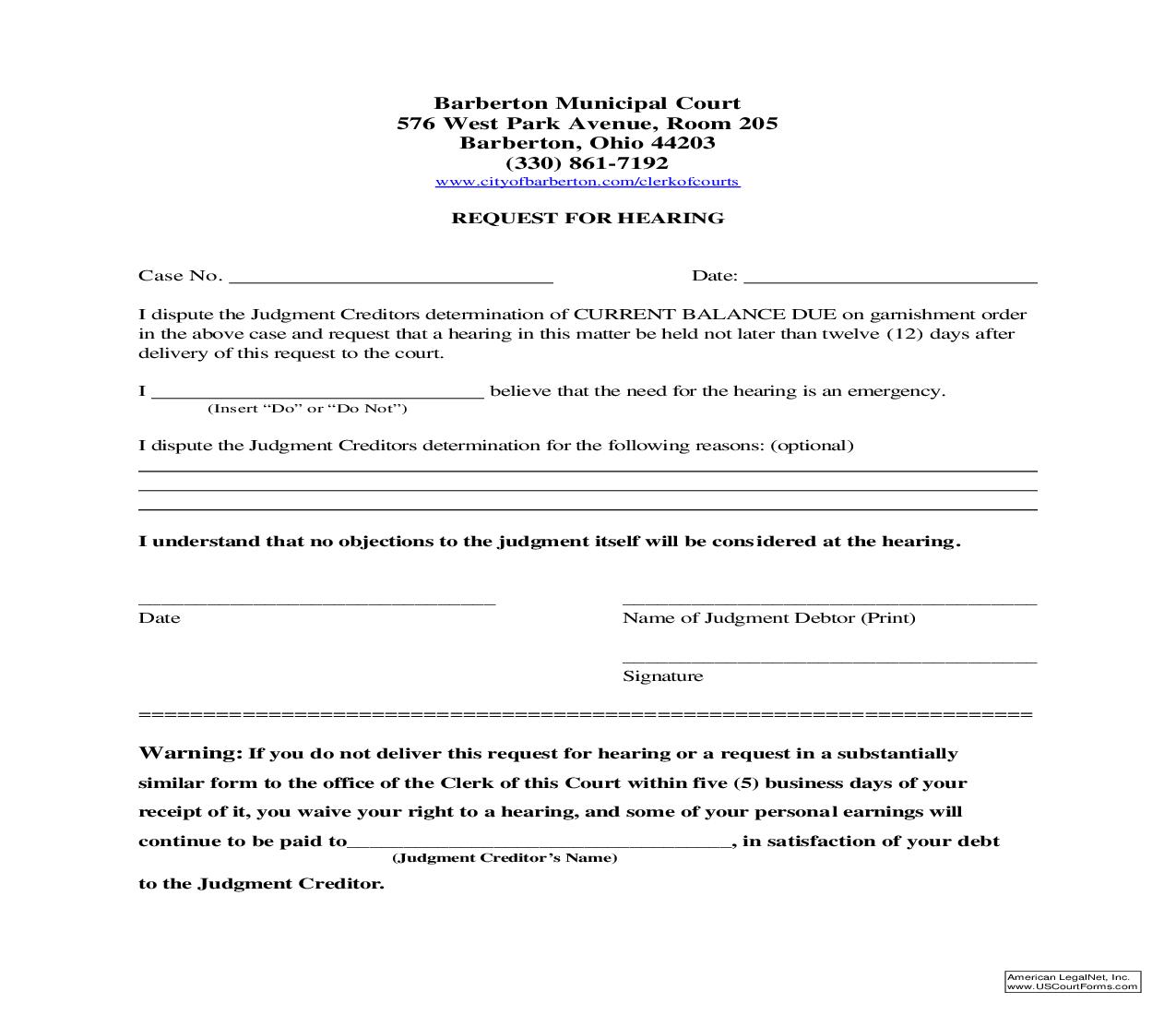 Request For Hearing (Current Balance Due) | Pdf Fpdf Doc Docx | Ohio