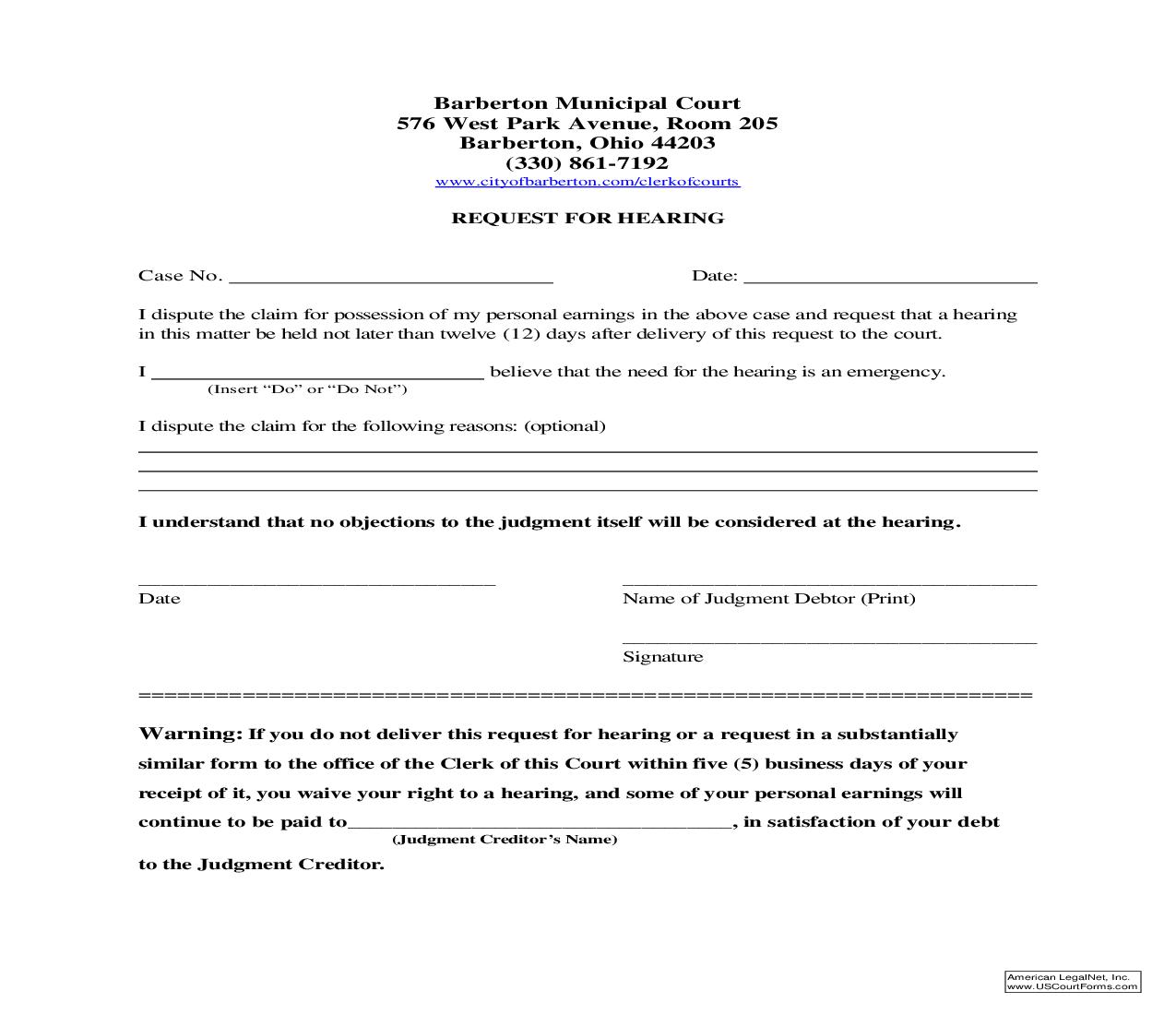 Request For Hearing (Garnishment) | Pdf Fpdf Doc Docx | Ohio