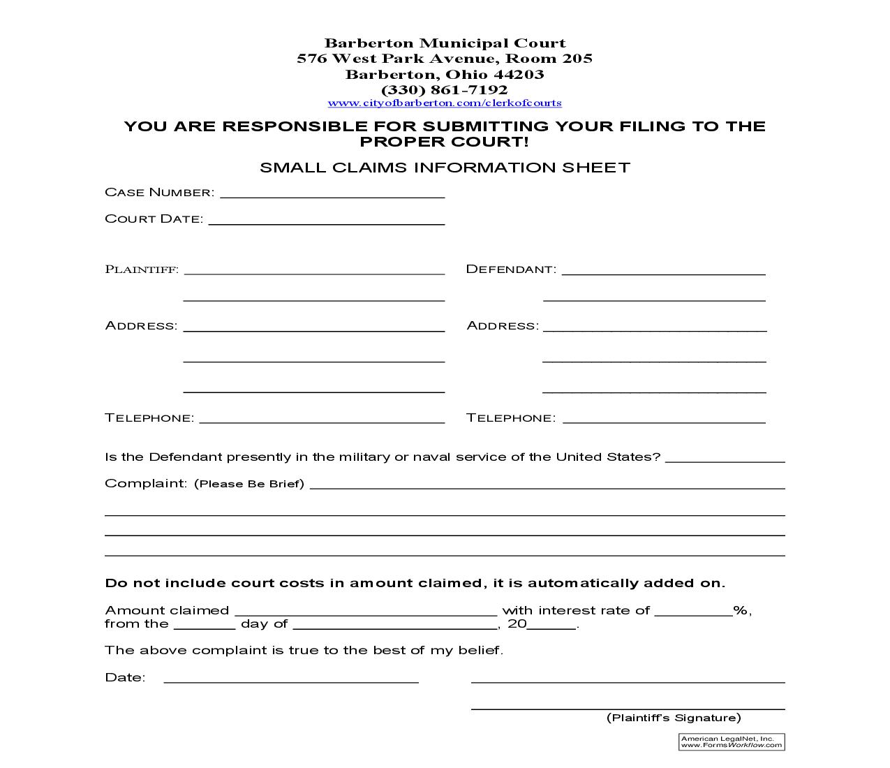 Small Claims Information Sheet | Pdf Fpdf Doc Docx | Ohio