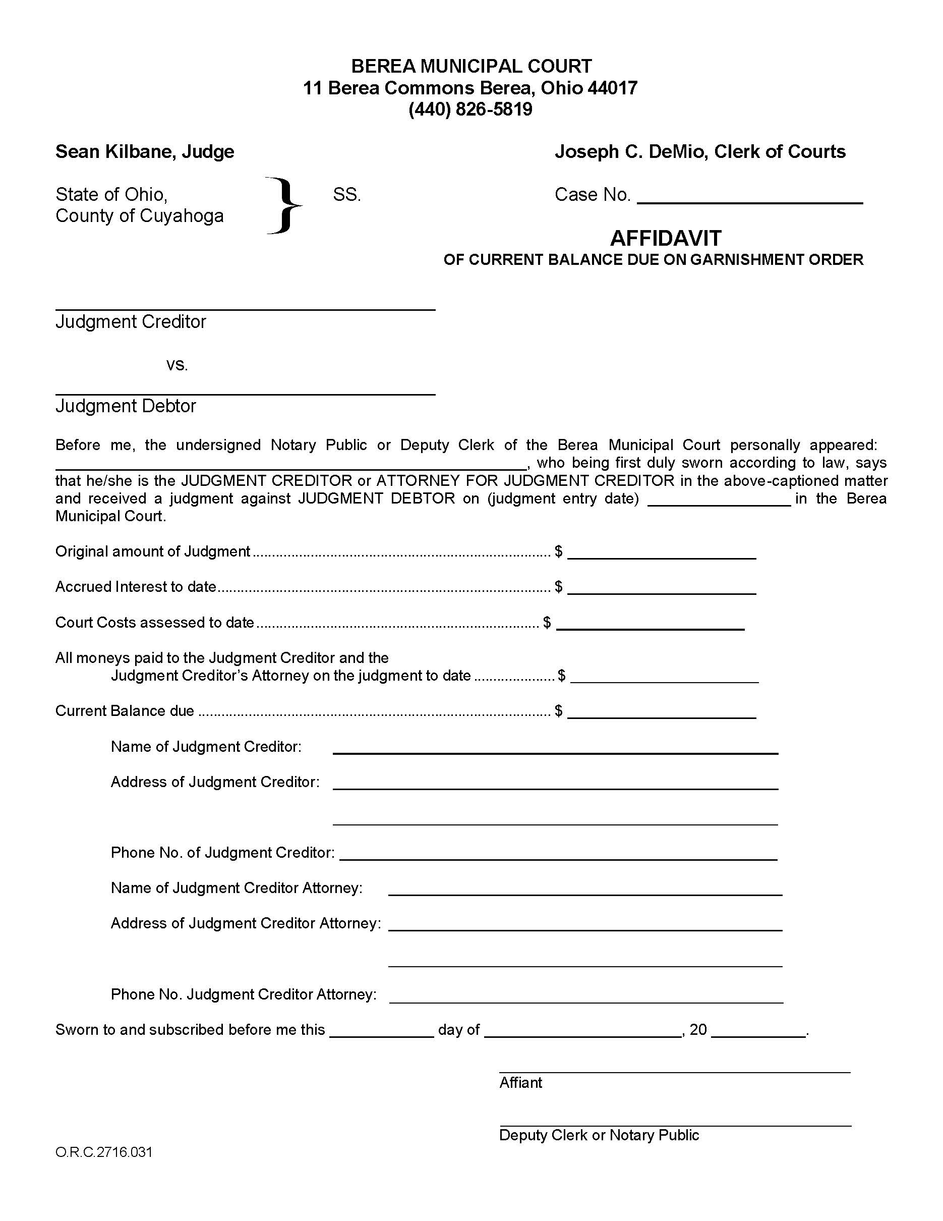 Affidavit Of Current Balance Due On Garnishment Order | Pdf Fpdf Doc Docx | Ohio
