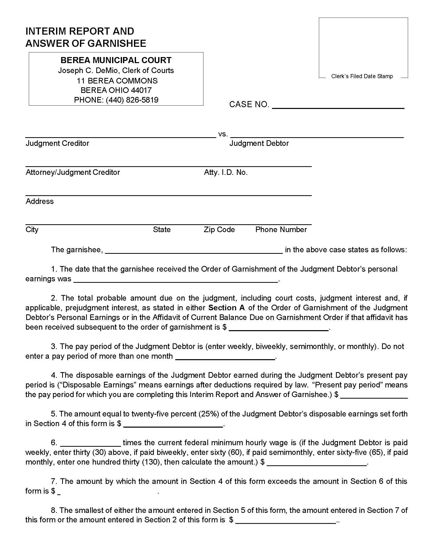 Interim Report Of Answer Of Garnishee | Pdf Fpdf Doc Docx | Ohio