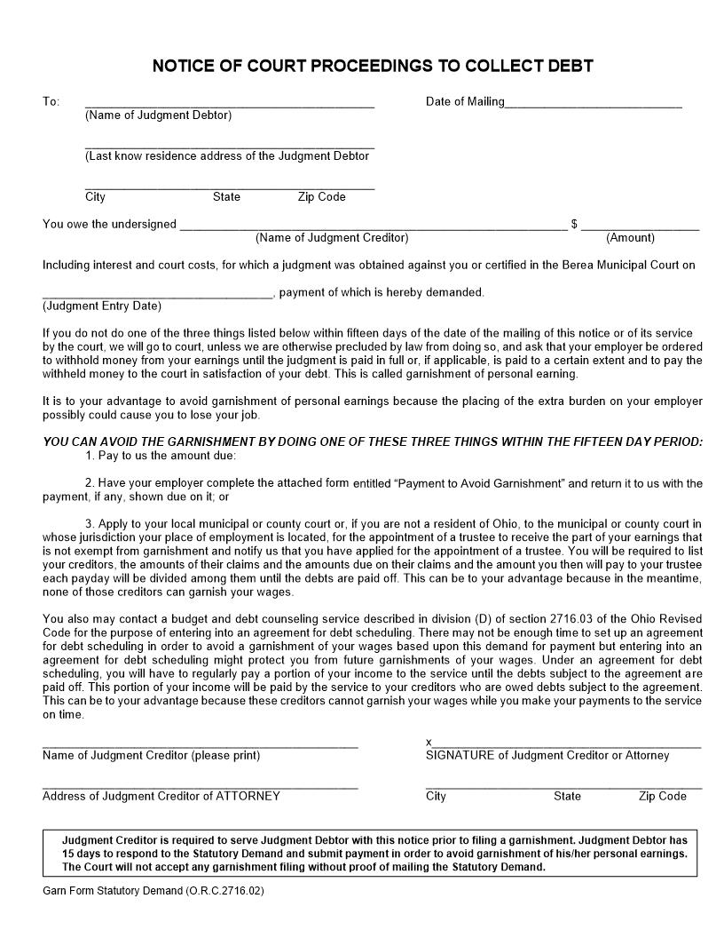 Notice Of Court Proceedings To Collect Debt | Pdf Fpdf Doc Docx | Ohio