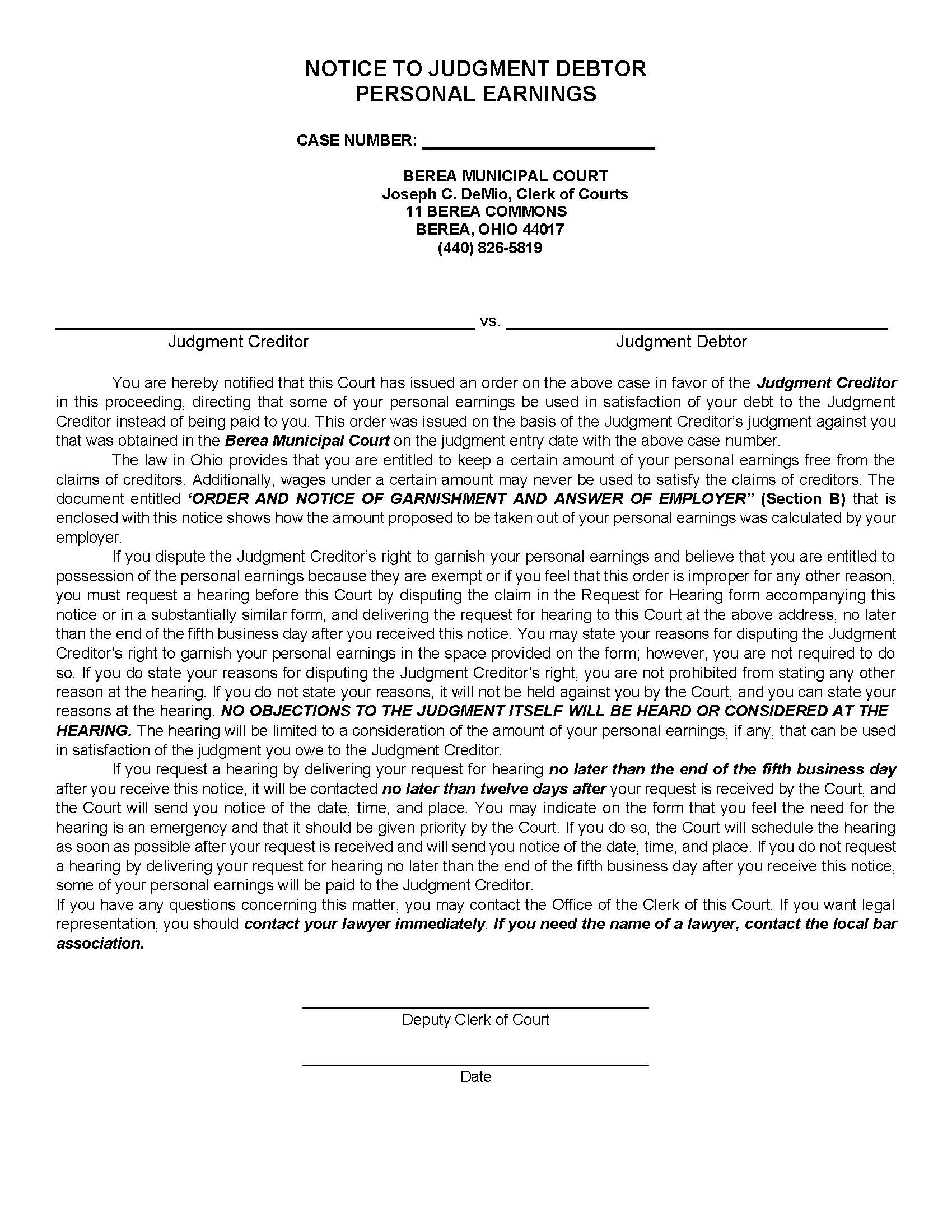 Notice To Judgment Debtor Personal Earnings | Pdf Fpdf Doc Docx | Ohio