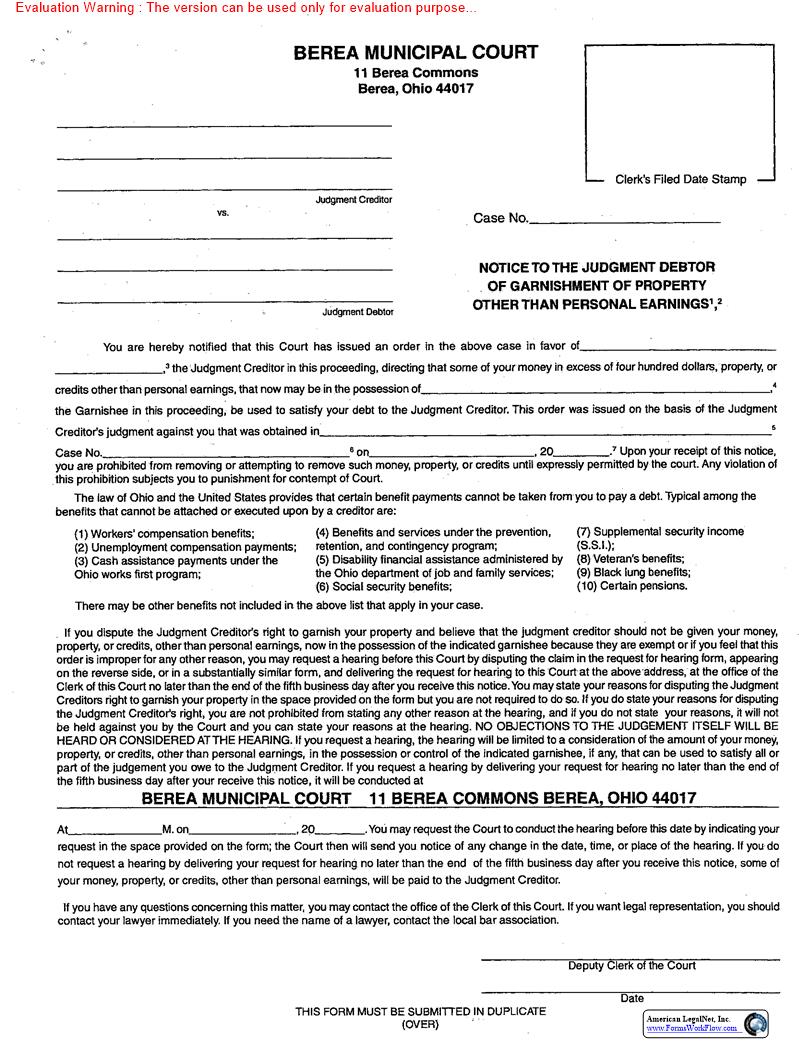 Notice To The Judgment Debtor Of Garnishment Of Property Other Than Personal Earnings | Pdf Fpdf Doc Docx | Ohio