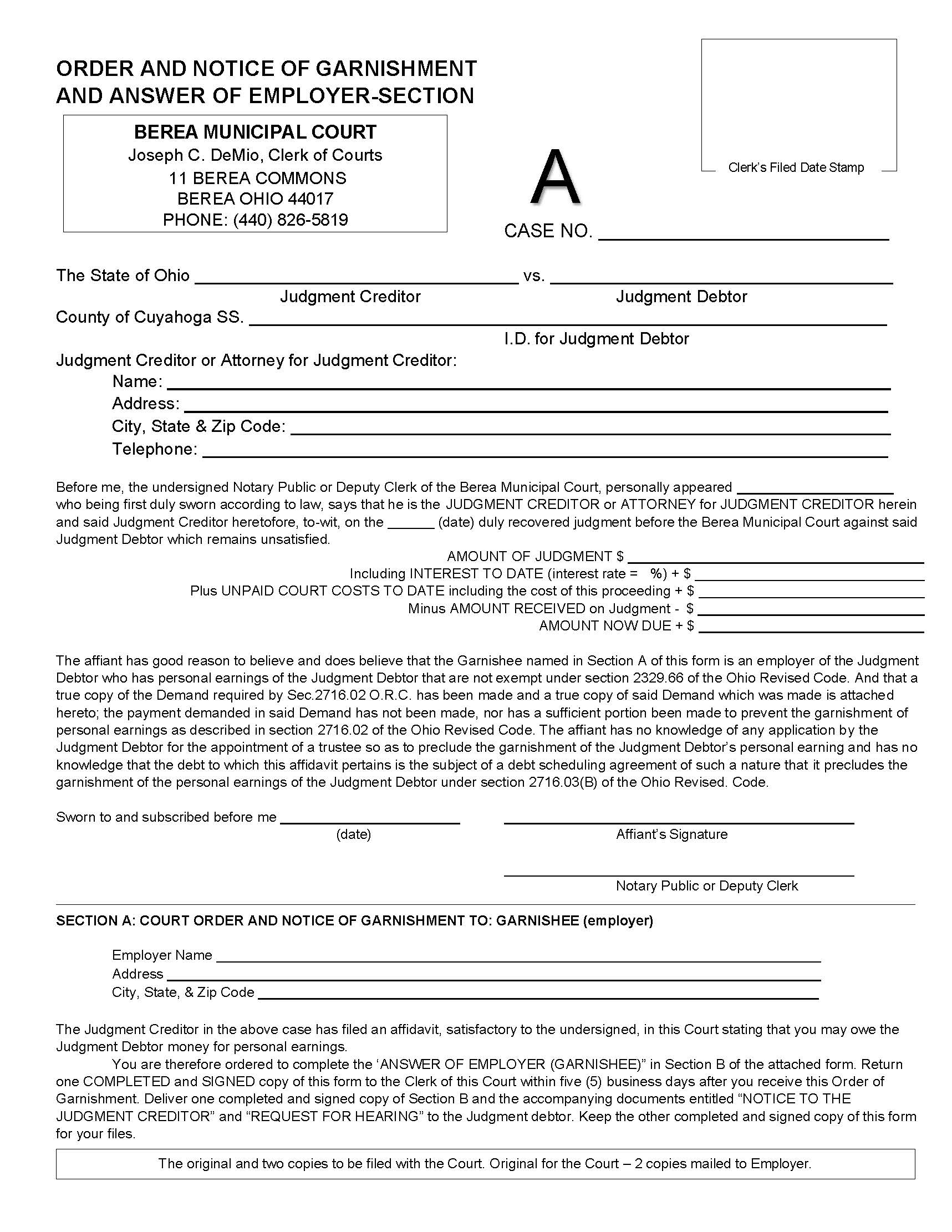 Order And Notice Of Garnishment And Answer Of Employer - Section A | Pdf Fpdf Docx | Ohio