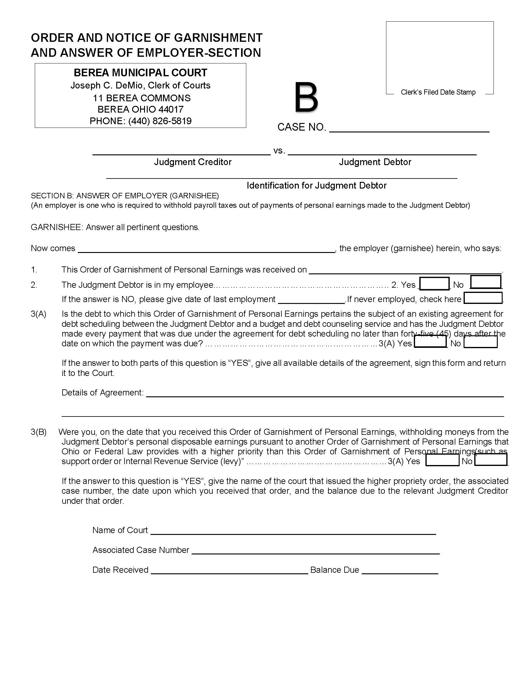 Order And Notice Of Garnishment And Answer Of Employer - Section B | Pdf Fpdf Doc Docx | Ohio