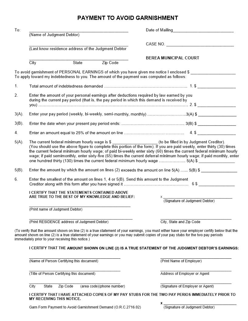 Payment To Avoid Garnishment | Pdf Fpdf Doc Docx | Ohio