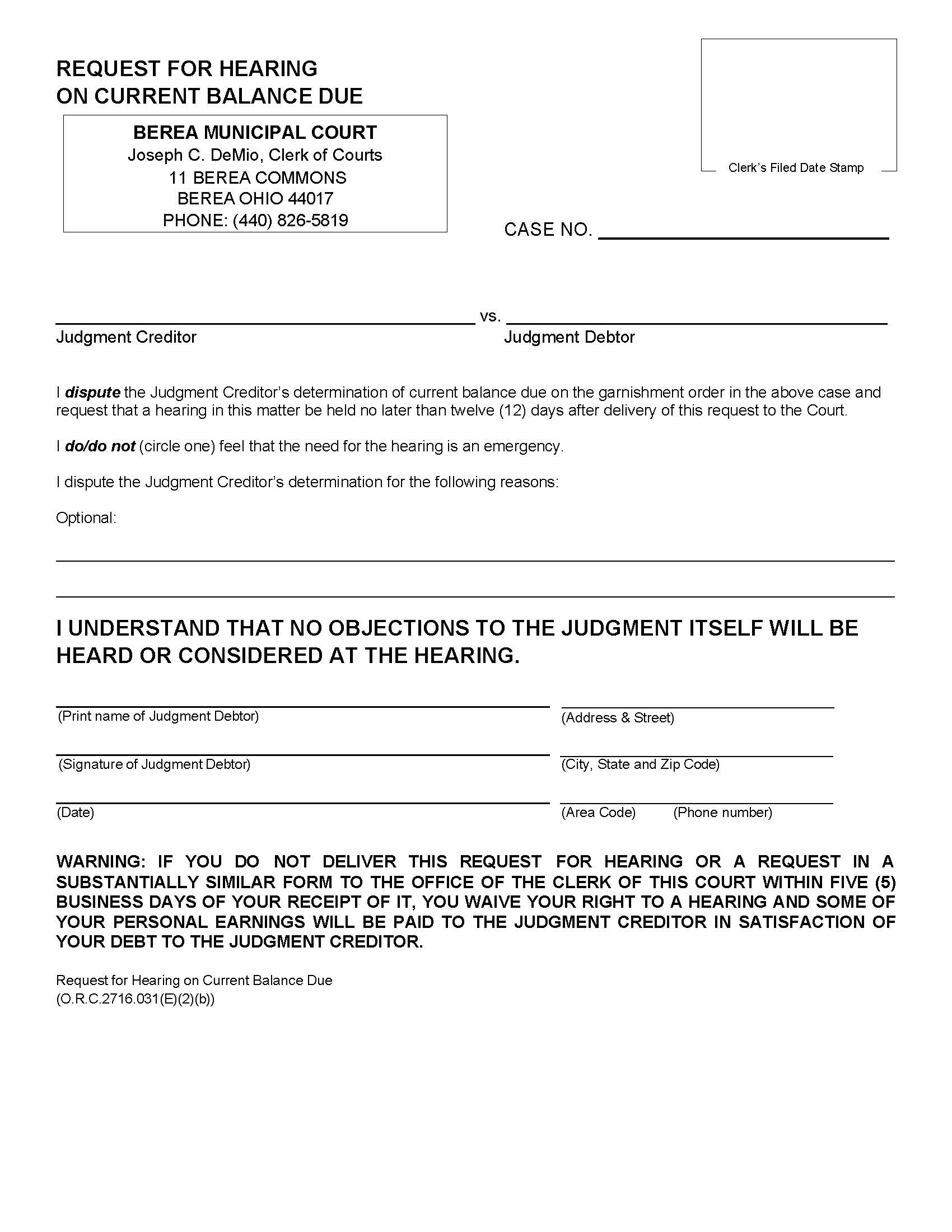 Request For Hearing On Current Balance Due Personal Earnings | Pdf Fpdf Doc Docx | Ohio