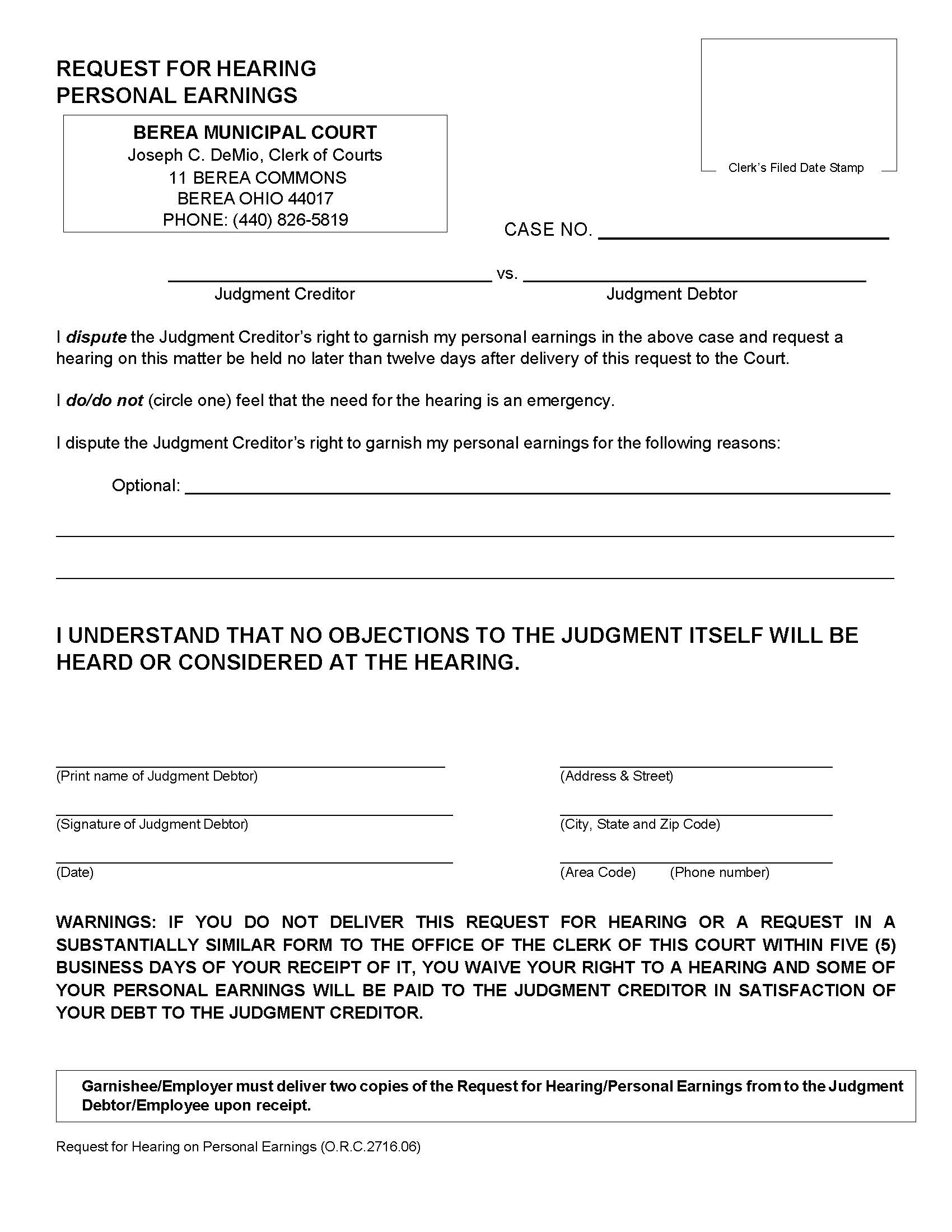 Request For Hearing Personal Earnings | Pdf Fpdf Doc Docx | Ohio