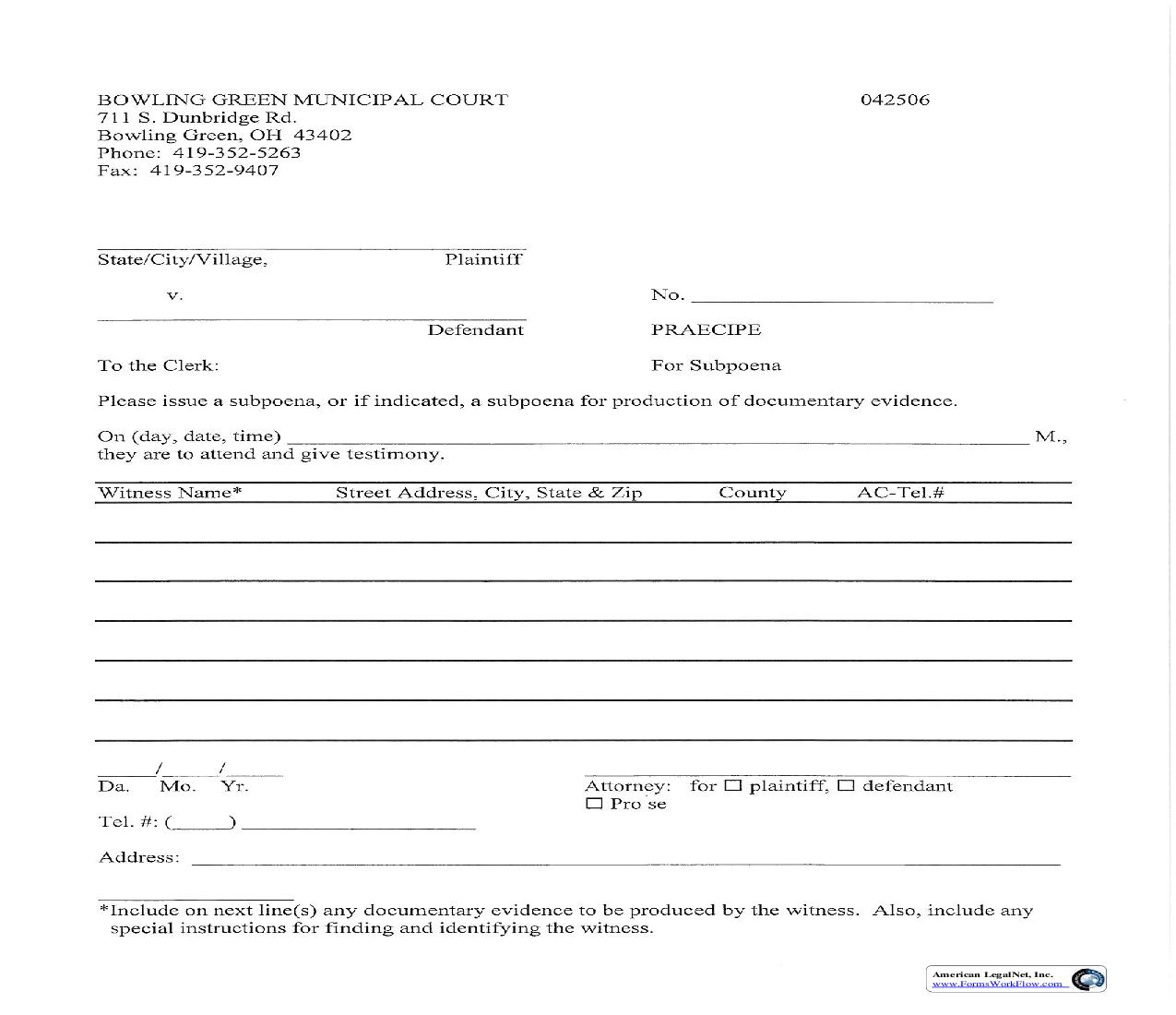 Praecipe For Subpoena | Pdf Fpdf Doc Docx | Ohio