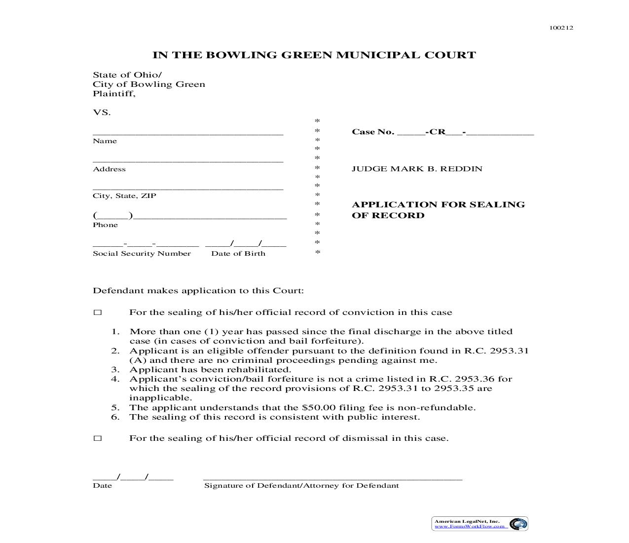 Application To Seal Record Of First Offense (Conviction) | Pdf Fpdf Doc Docx | Ohio
