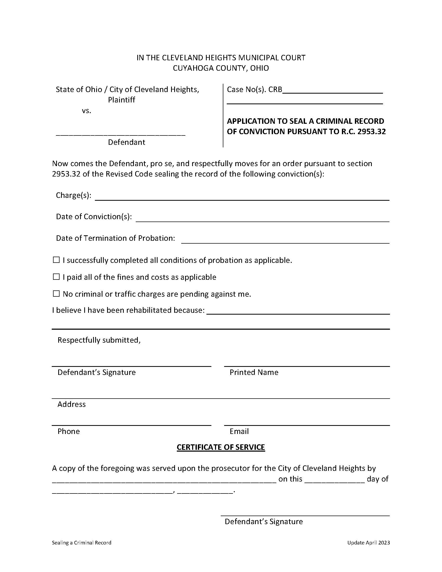 Application to Seal A Criminal Record Pursuant To ORC Section 2953.32 | Pdf Fpdf Doc Docx | Ohio