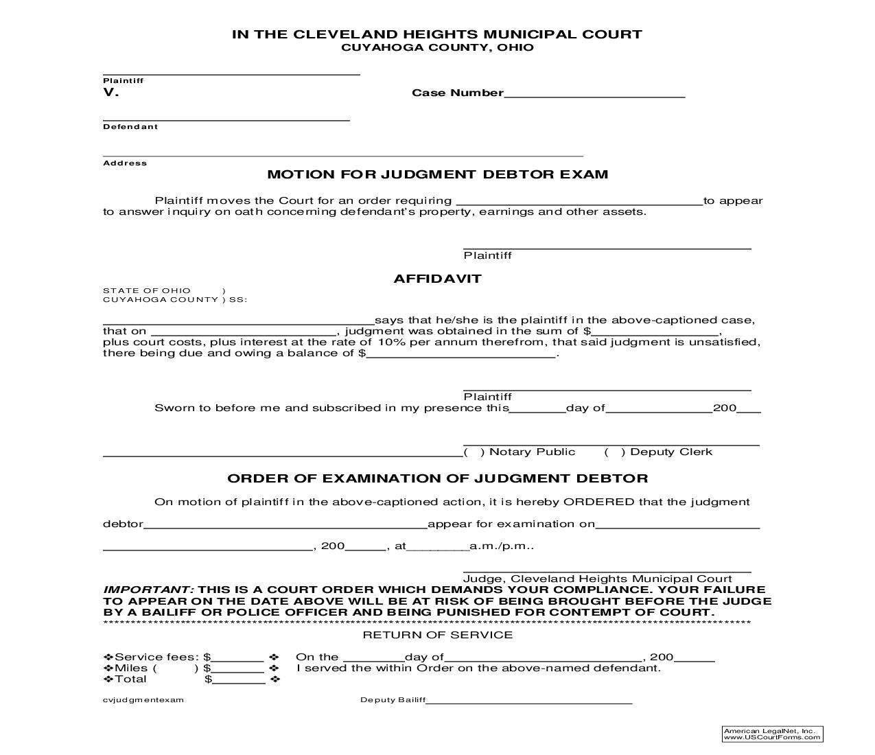 Motion For Judgment Debtor Exam | Pdf Fpdf Doc Docx | Ohio