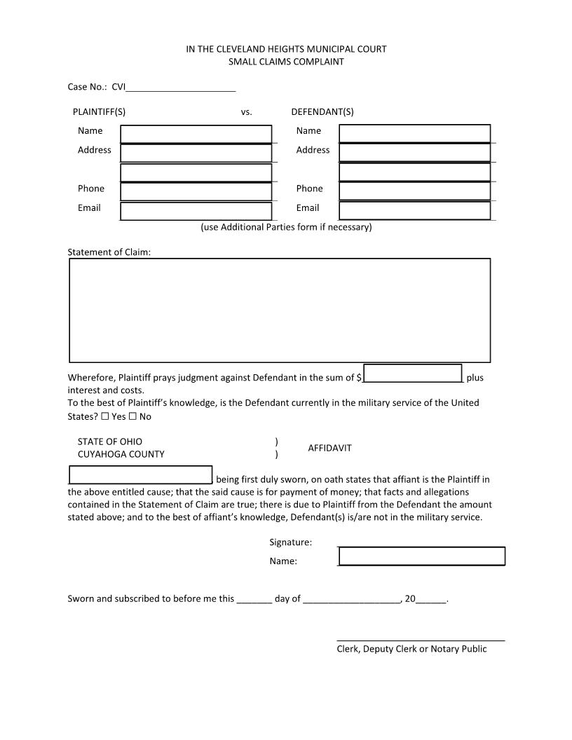 Small Claims Complaint | Pdf Fpdf Doc Docx | Ohio