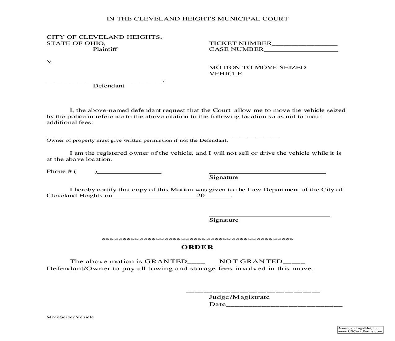 Motion To Move Seized Vehicle | Pdf Fpdf Doc Docx | Ohio