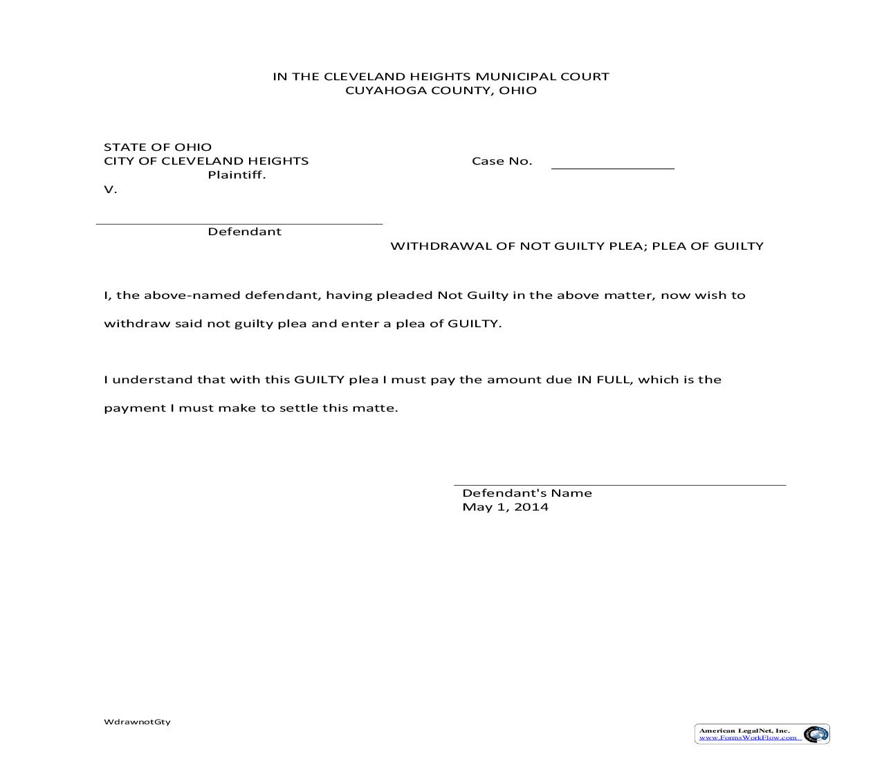 Withdrawal Of Not Guilty Plea-Plea of Guilty | Pdf Fpdf Doc Docx | Ohio