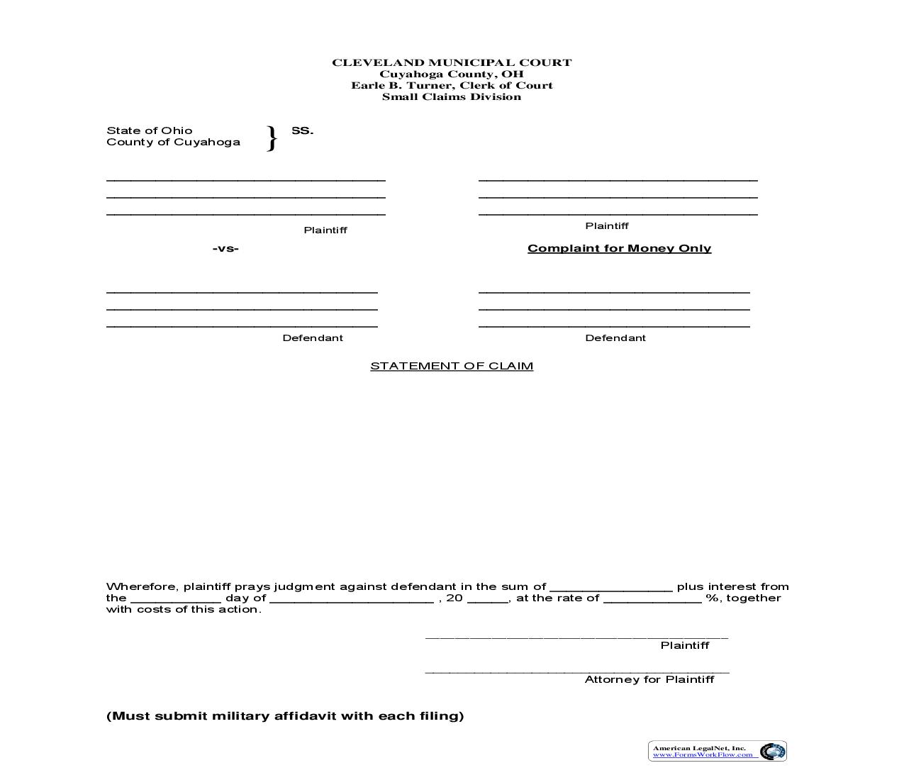 Complaint For Money Only (Small Claims) | Pdf Fpdf Doc Docx | Ohio