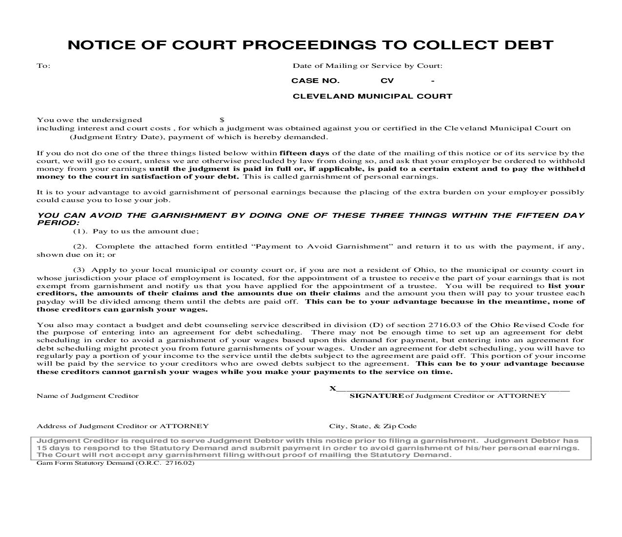 Notice Of Court Proceedings To Collect Debt | Pdf Fpdf Doc Docx | Ohio