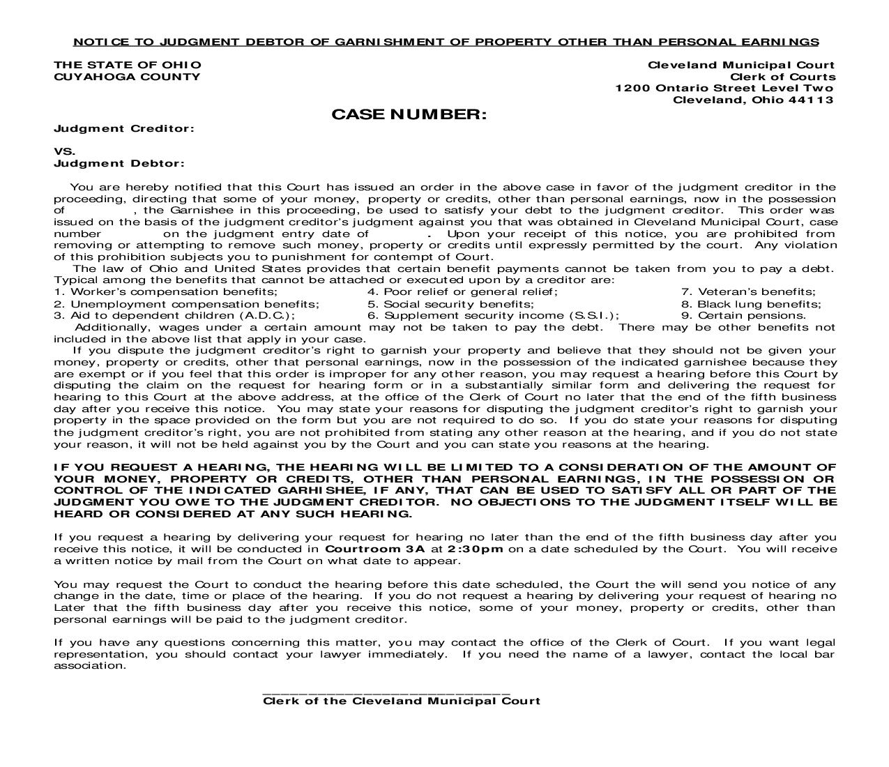 Notice To Judgement Debtor Of Garnishment Of Property Other Than Personal Earnings | Pdf Fpdf Doc Docx | Ohio