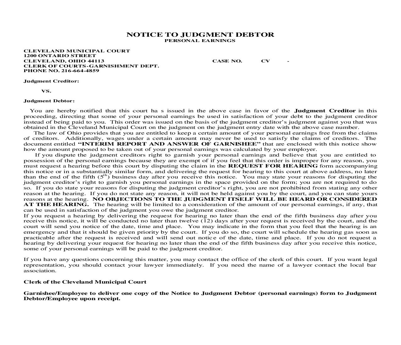 Notice To Judgment Debtor Personal Earnings | Pdf Fpdf Doc Docx | Ohio