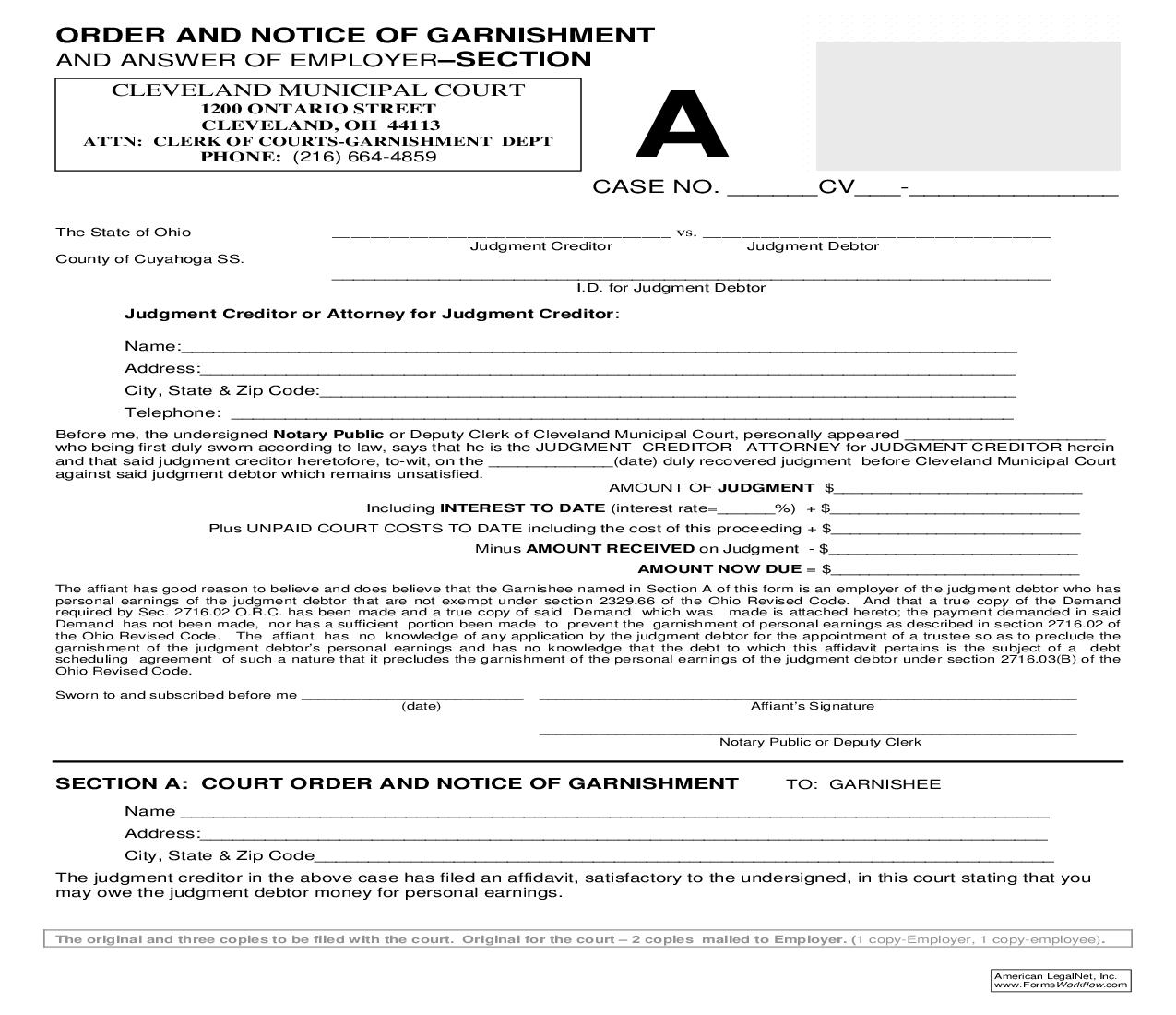 Order And Notice Of Garnishment And Answer Of Employer - Section A | Pdf Fpdf Doc Docx | Ohio