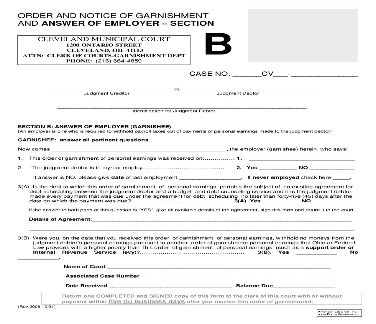 Order And Notice Of Garnishment And Answer Of Employer - Section B | Pdf Fpdf Doc Docx | Ohio