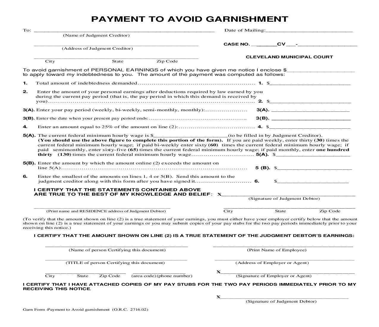 Payment To Avoid Garnishment | Pdf Fpdf Doc Docx | Ohio