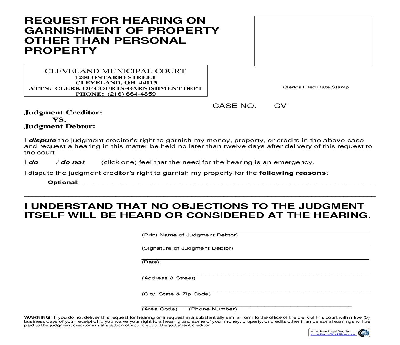 Request For Hearing On Garnishment Of Property Other Than Personal Property | Pdf Fpdf Doc Docx | Ohio