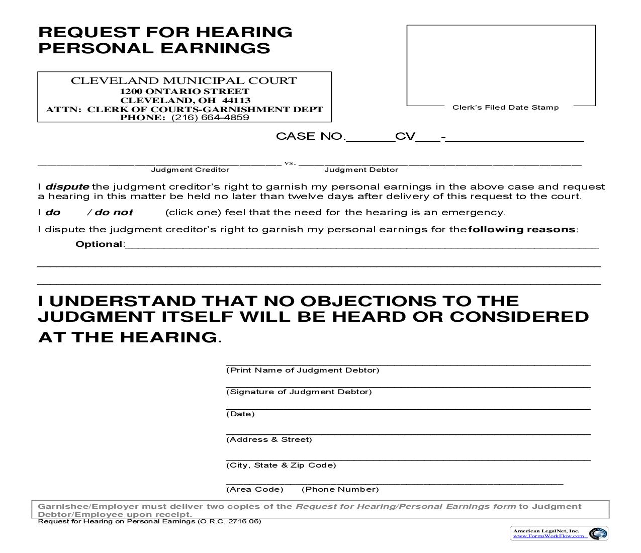 Request For Hearing Personal Earnings | Pdf Fpdf Doc Docx | Ohio