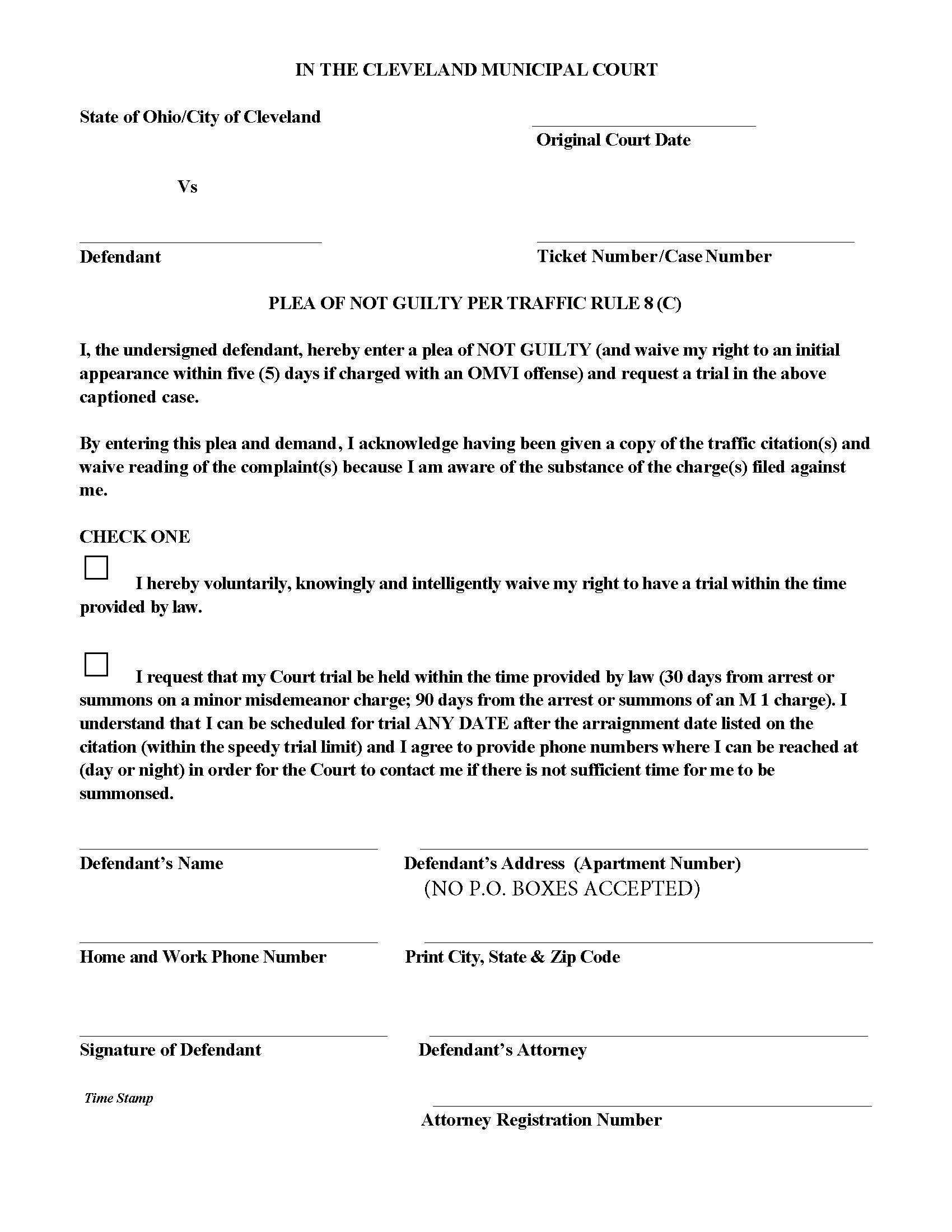 Plea Of Not Guilty Form Per Traffic Rule 8 (C) | Pdf Fpdf Doc Docx | Ohio