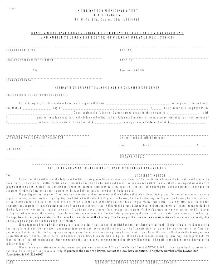 Affidavit Of Current Balance Due On Garnishment And Notice To Judgment Debtor Of Current Balance Due | Pdf Fpdf Doc Docx | Ohio