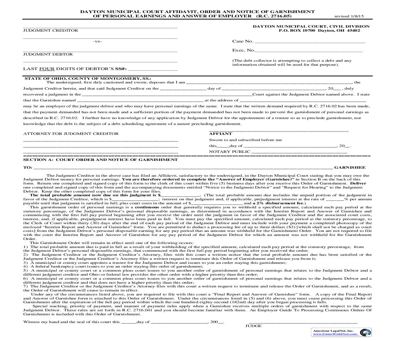 Affidavit Order And Notice Of Garnishment Of Personal Earnings And Answer Of Employer | Pdf Fpdf Doc Docx | Ohio