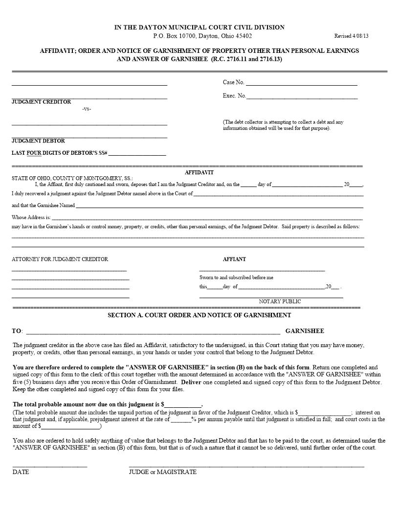 Affidavit Order Notice Of Garnishment Of Property Other Than Personal Earnings {GP-3} | Pdf Fpdf Doc Docx | Ohio