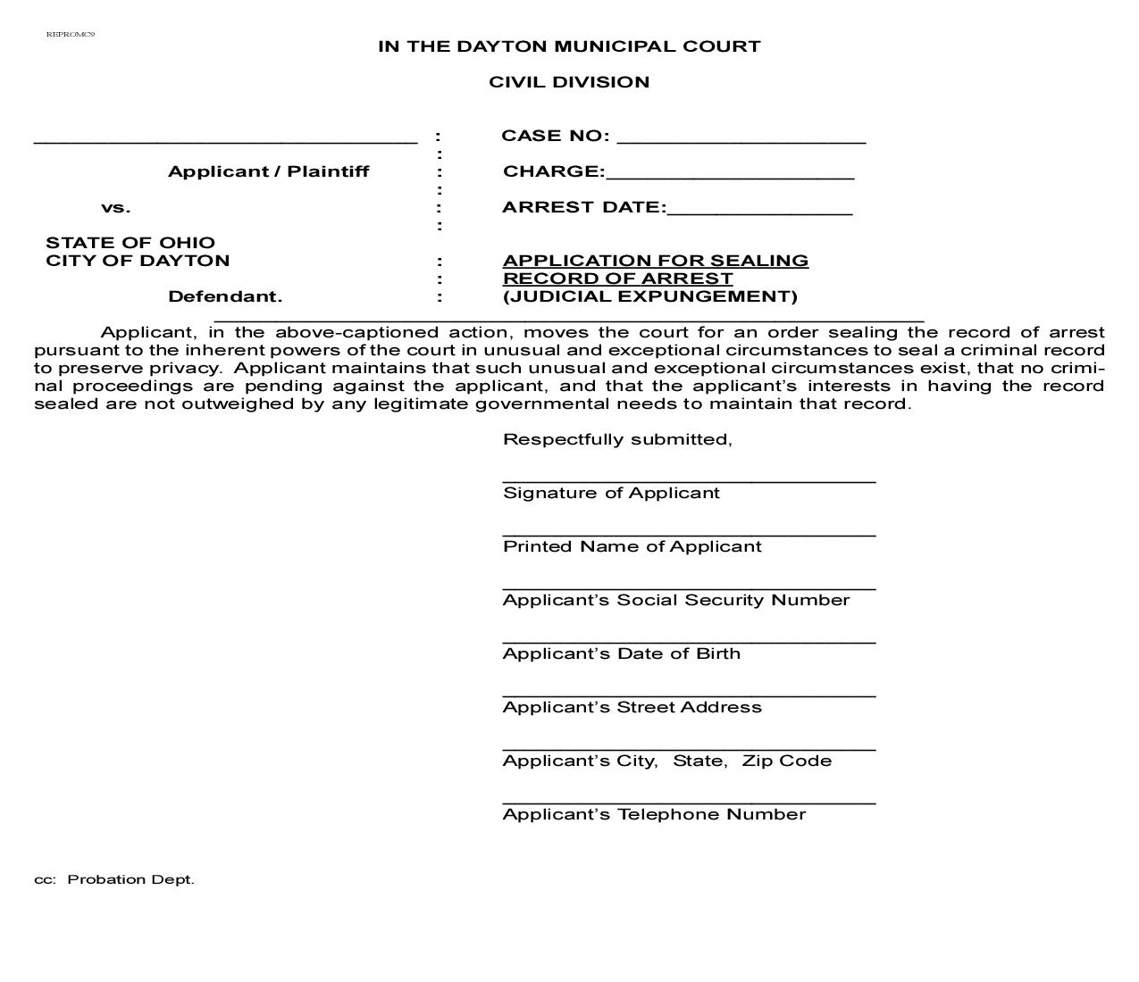 Application For Sealing Record Of Arrest | Pdf Fpdf Doc Docx | Ohio