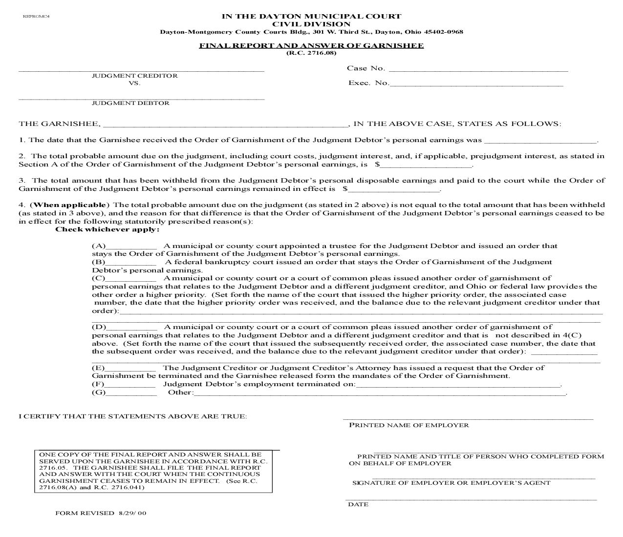 Final Report And Answer Of Garnishee | Pdf Fpdf Doc Docx | Ohio