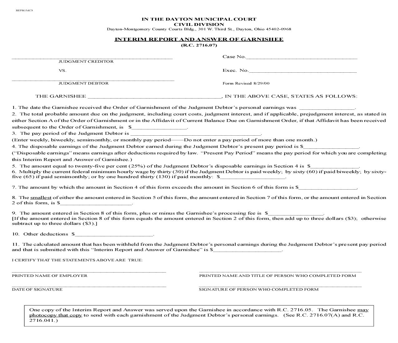 Interim Report And Answer Of Garnishee | Pdf Fpdf Doc Docx | Ohio