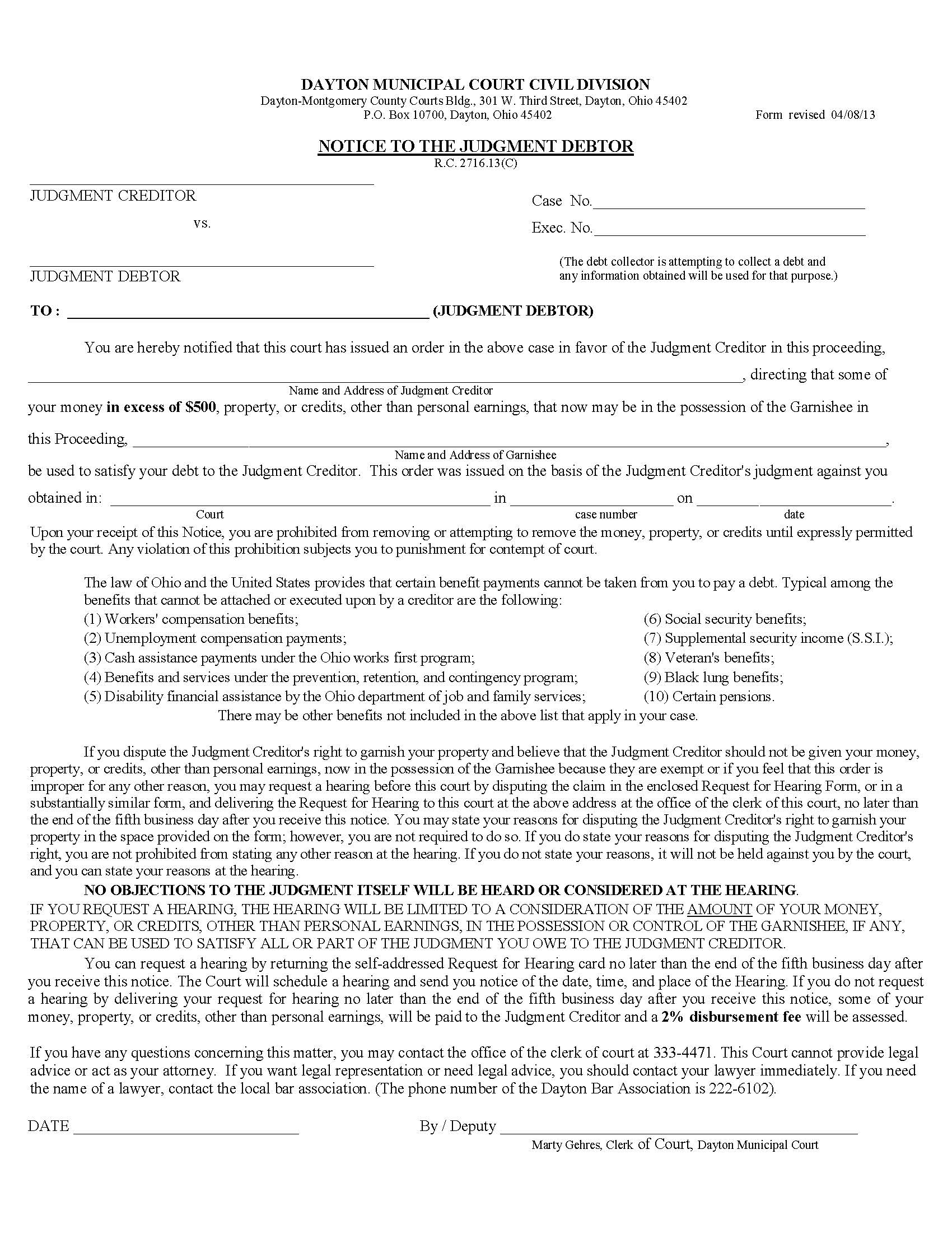 Notice To The Judgment Debtor - Property {GP-2} | Pdf Fpdf Doc Docx | Ohio