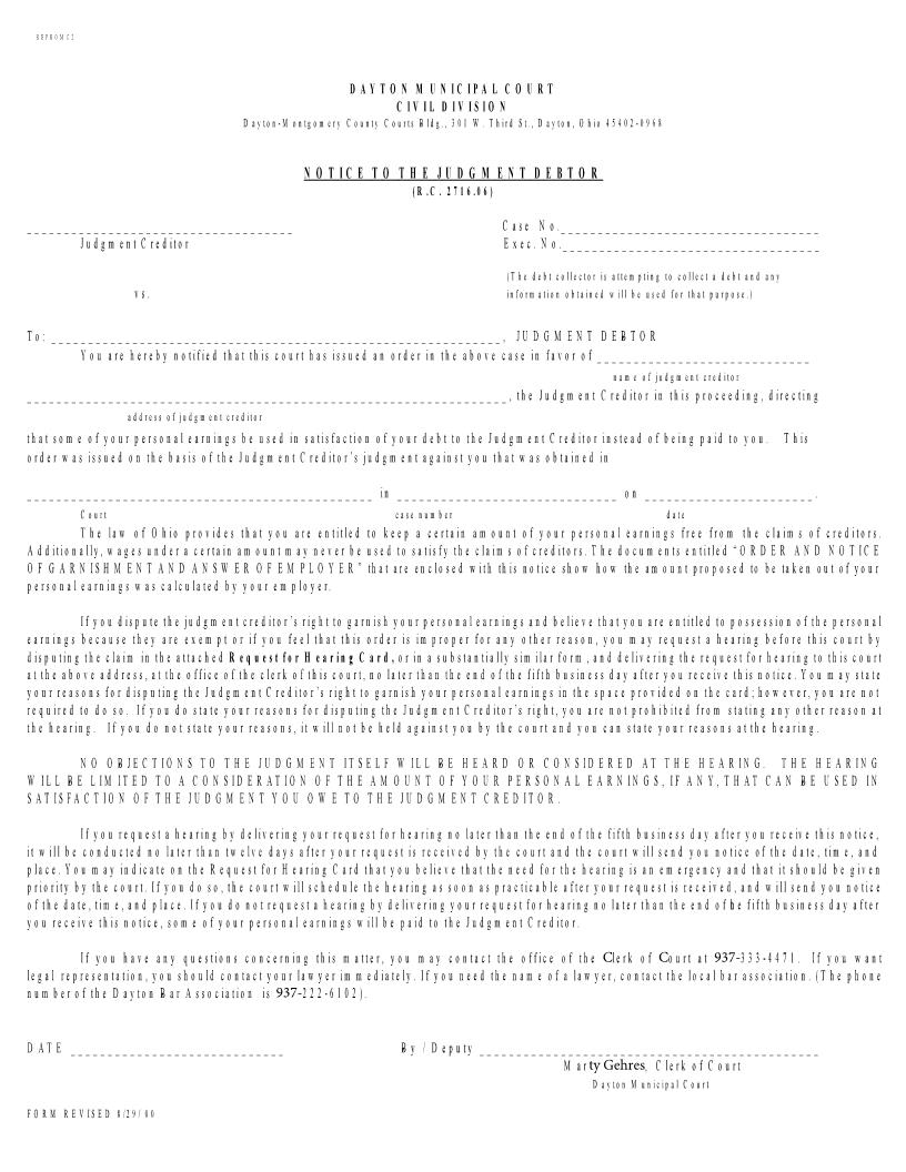 Notice To The Judgment Debtor - Wages | Pdf Fpdf Doc Docx | Ohio