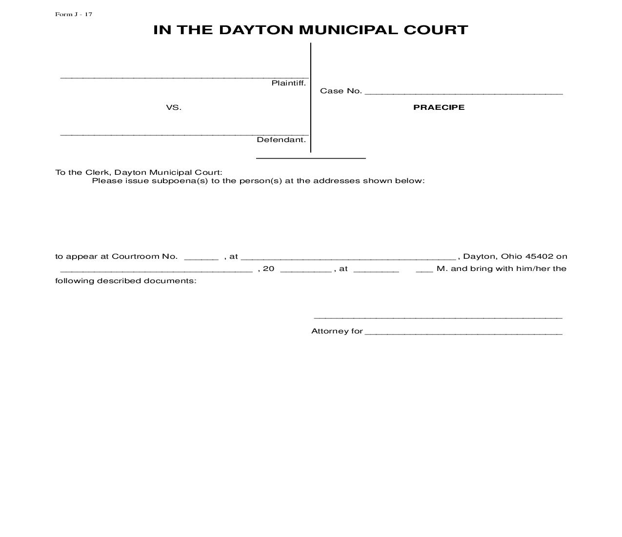 Praecipe {J-17} | Pdf Fpdf Doc Docx | Ohio