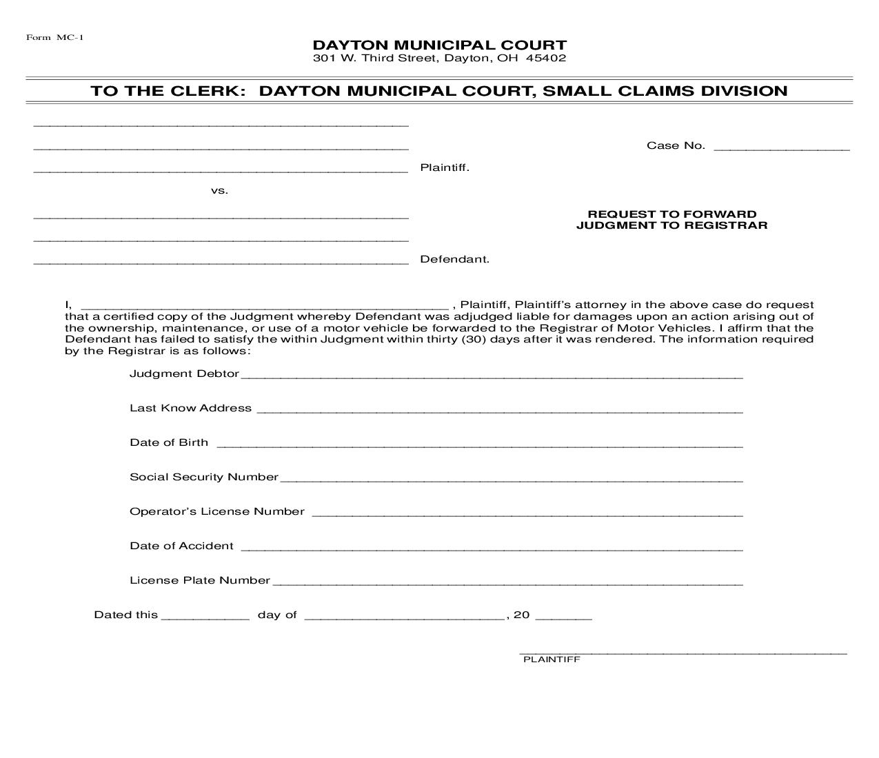 Request To Forward Judgment To Registrar {MC-1} | Pdf Fpdf Doc Docx | Ohio