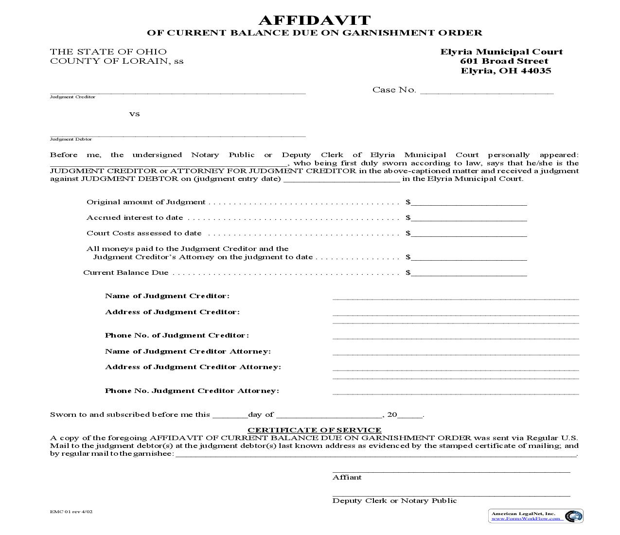 Affidavit Of Current Balance Due On Garnishment Order {EMC 01} | Pdf Fpdf Doc Docx | Ohio
