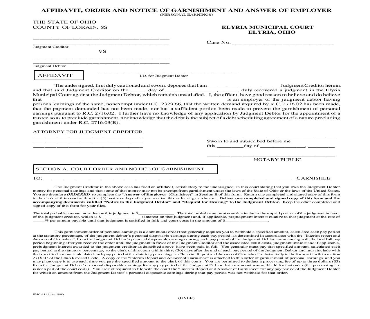 Affidavit Order And Notice Of Garnishment And Answer Of Employer {EMC-111A} | Pdf Fpdf Doc Docx | Ohio