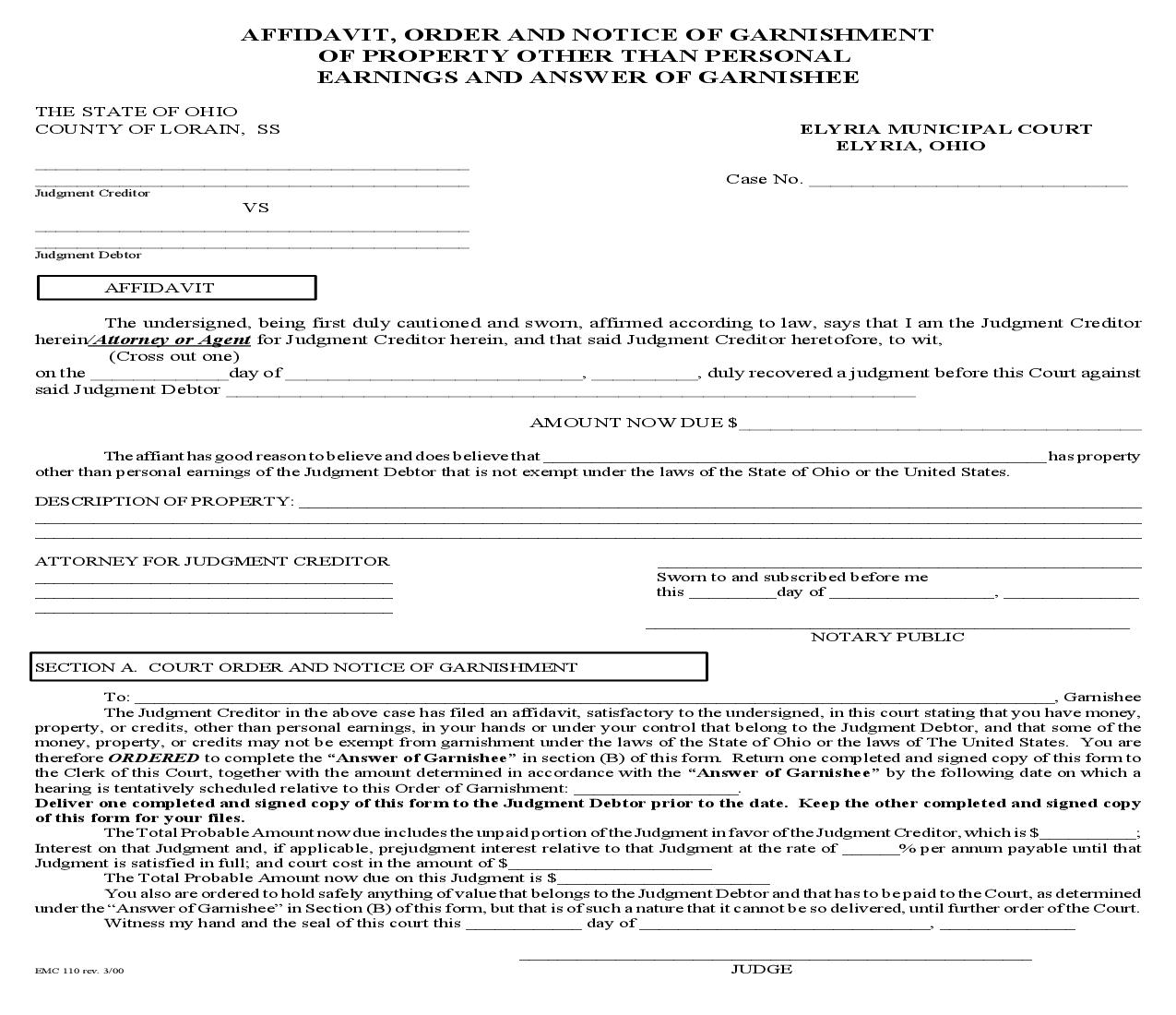 Affidavit Order And Notice Of Garnishment Of Property Other Than Personal Earnings And Answer Of Garnishee {EMC 110} | Pdf Fpdf Doc Docx | Ohio