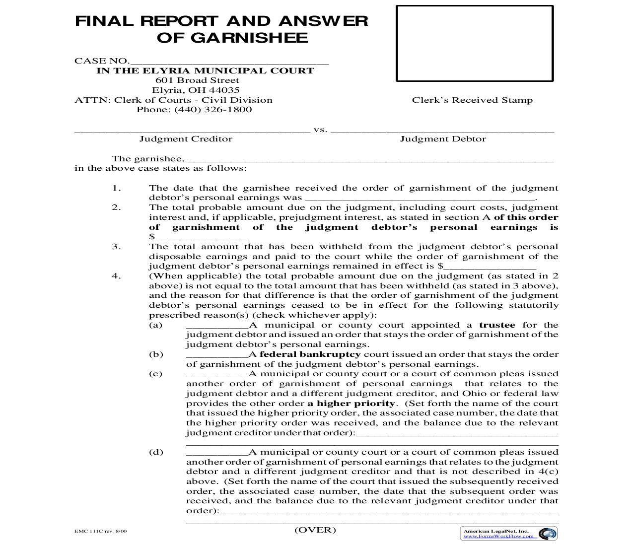 Final Report And Answer Of Garnishee {EMC 111C} | Pdf Fpdf Doc Docx | Ohio