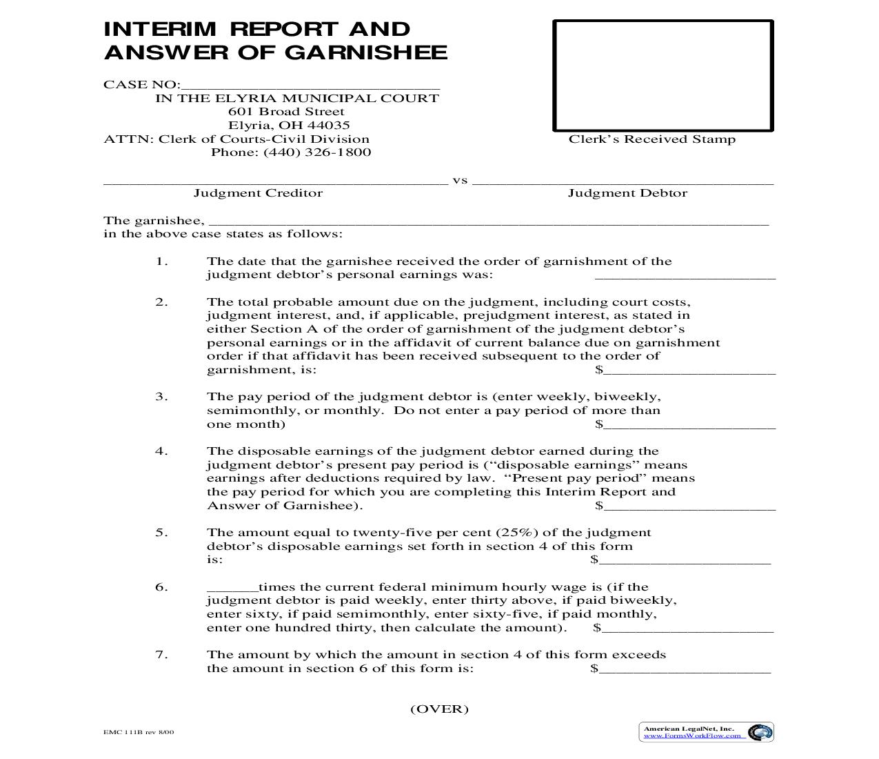 Interim Report And Answer Of Garnishee {EMC 111B} | Pdf Fpdf Doc Docx | Ohio