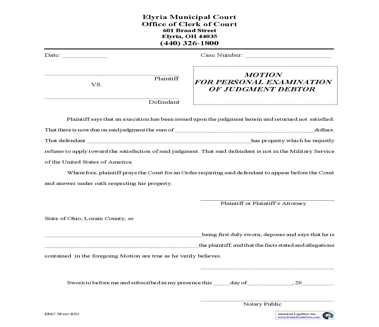 Motion For Personal Examination Of Judgment Debtor {EMC 58} | Pdf Fpdf Doc Docx | Ohio
